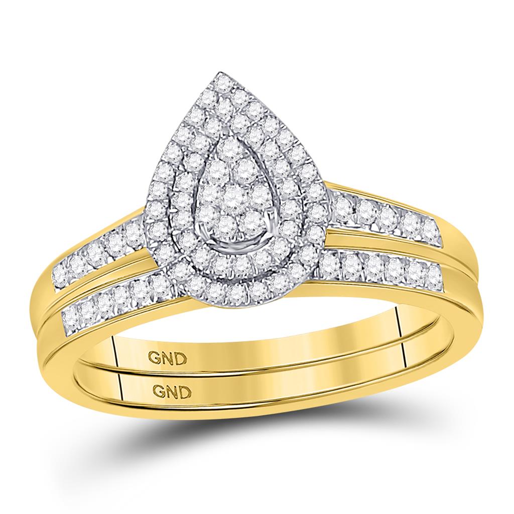 Image of ID 1 10k Yellow Gold Round Diamond Pear-shape Bridal Wedding Ring Set 1/3 Cttw