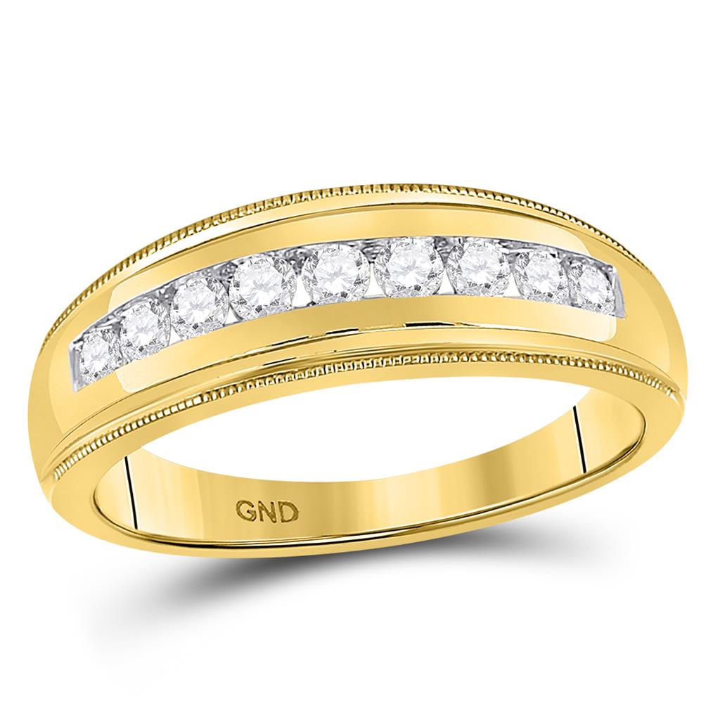 Image of ID 1 10k Yellow Gold Round Diamond Ridged Single Row Wedding Band Ring 1/2 Cttw