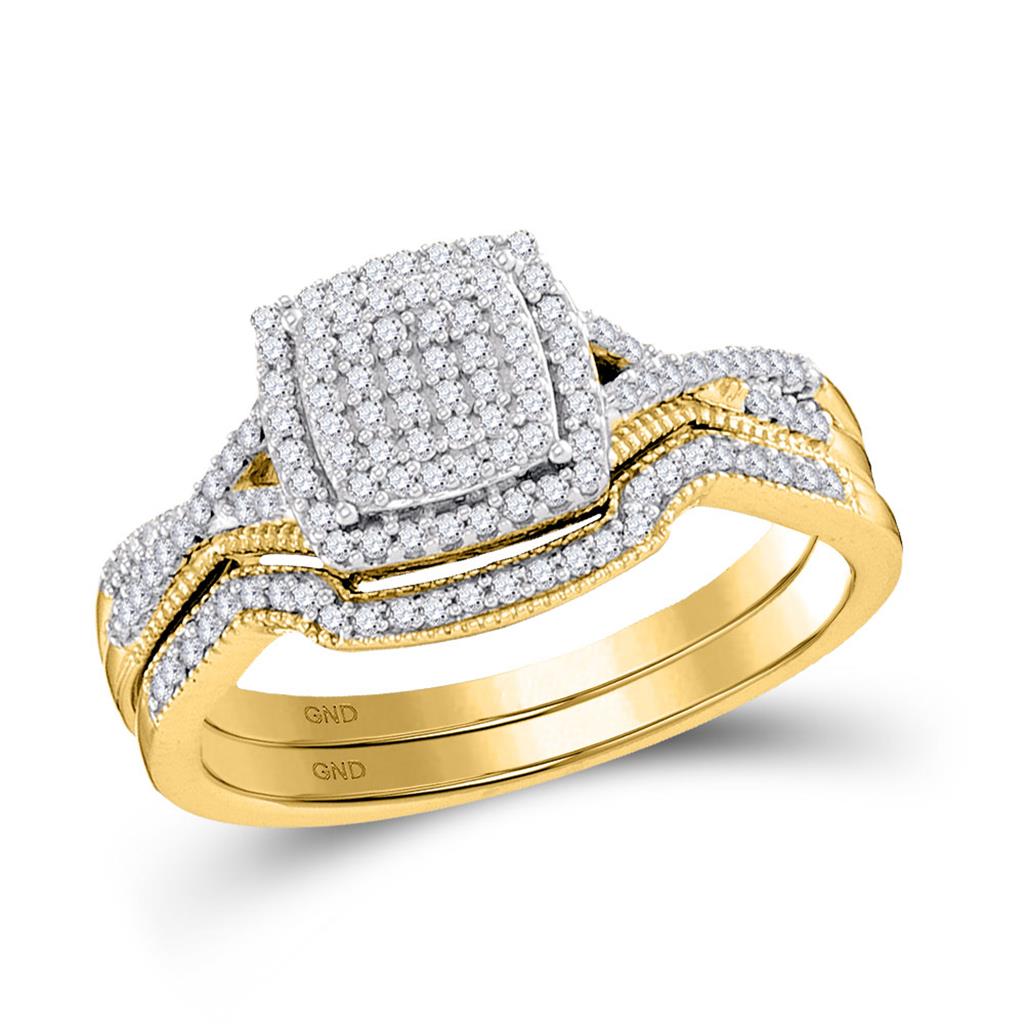Image of ID 1 10k Yellow Gold Round Diamond Square Bridal Wedding Ring Set 1/3 Cttw