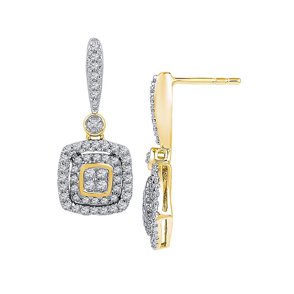 Image of ID 1 10k Yellow Gold Round Diamond Square Dangle Earrings 5/8 Cttw