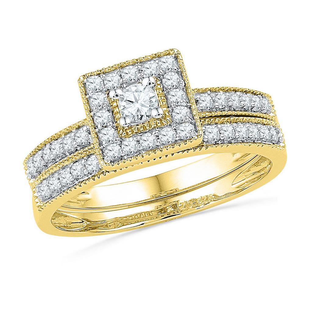 Image of ID 1 10k Yellow Gold Round Diamond Square Halo Bridal Wedding Ring Set 1/2 Cttw