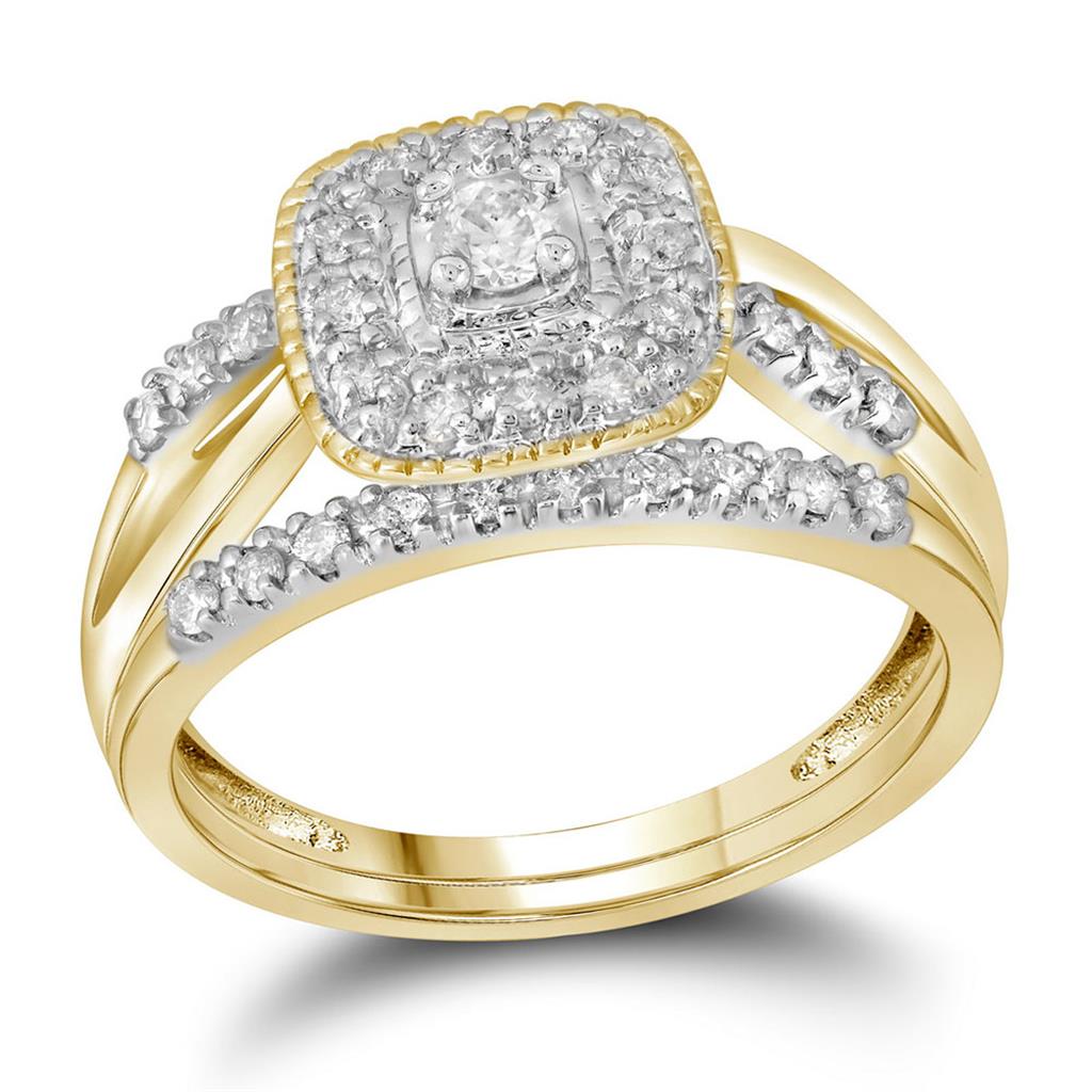 Image of ID 1 10k Yellow Gold Round Diamond Square Halo Bridal Wedding Ring Set 1/3 Cttw