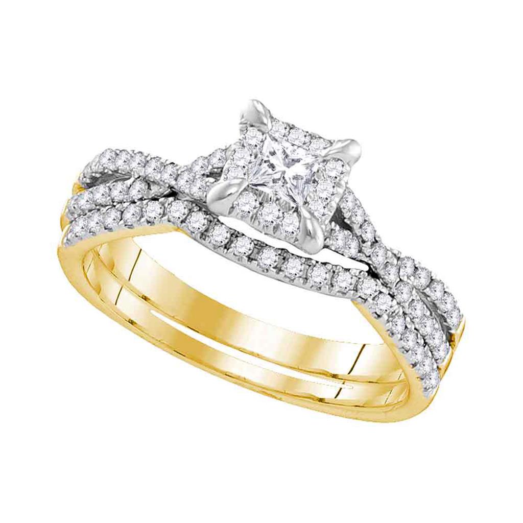 Image of ID 1 10k Yellow Gold Round Diamond Square Halo Bridal Wedding Ring Set 5/8 Cttw (Certified)