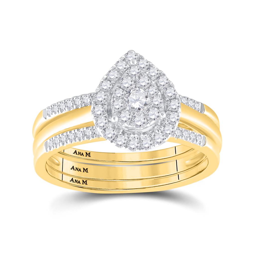 Image of ID 1 10k Yellow Gold Round Diamond Teardrop Cluster Bridal Wedding Ring Set 1/2 Cttw