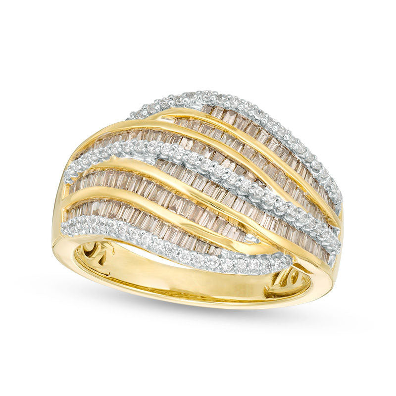 Image of ID 1 113 CT TW Champagne and White Natural Diamond Multi-Row Wave Ring in Solid 10K Yellow Gold