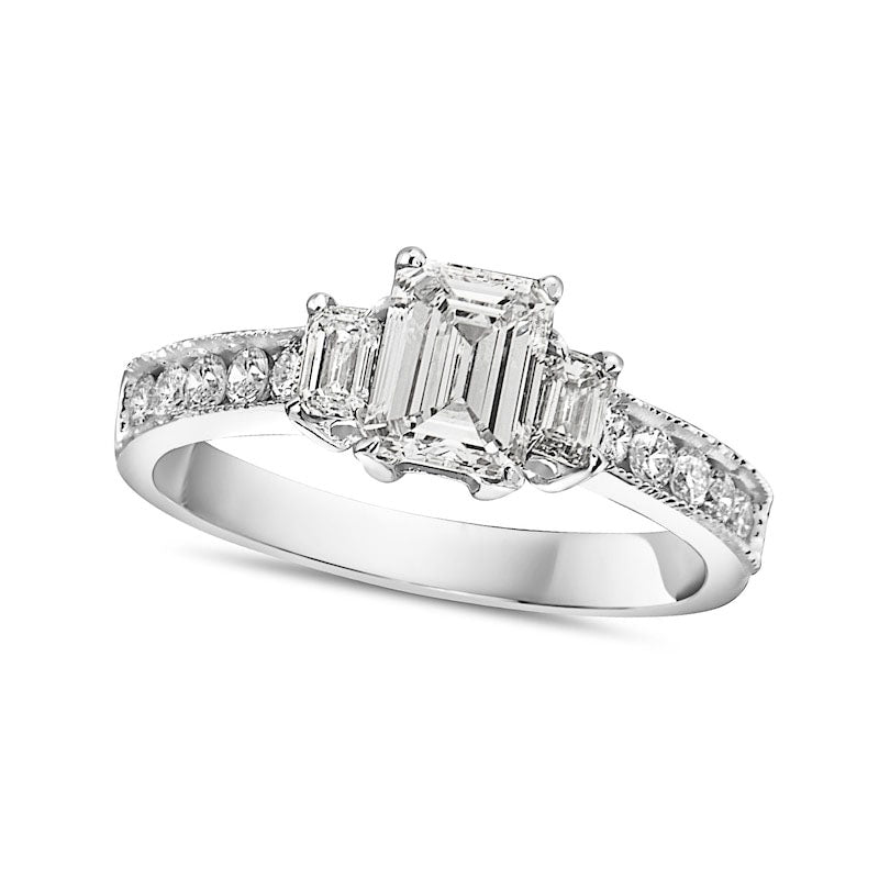 Image of ID 1 113 CT TW Emerald-Cut Natural Diamond Three Stone Antique Vintage-Style Engagement Ring in Solid 14K White Gold