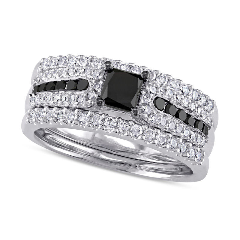 Image of ID 1 113 CT TW Enhanced Black Princess-Cut Natural Diamond Three Piece Bridal Engagement Ring Set in Sterling Silver