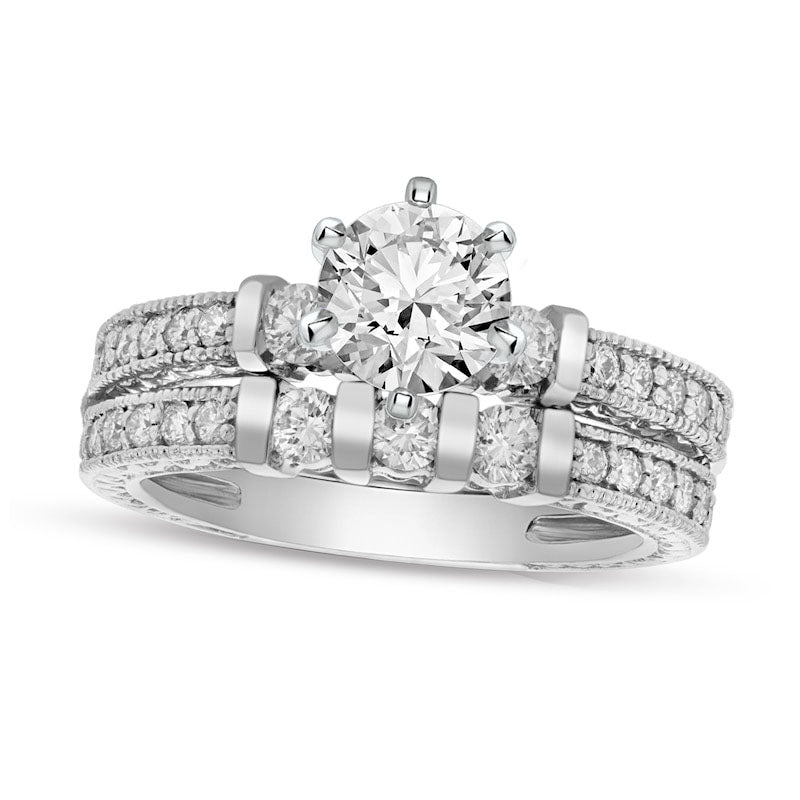 Image of ID 1 113 CT TW Natural Diamond Three Stone Antique Vintage-Style Bridal Engagement Ring Set in Solid 14K White Gold