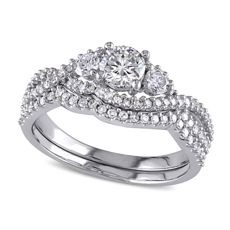 Image of ID 1 113 CT TW Natural Diamond Three Stone Twist Bypass Bridal Engagement Ring Set in Solid 14K White Gold