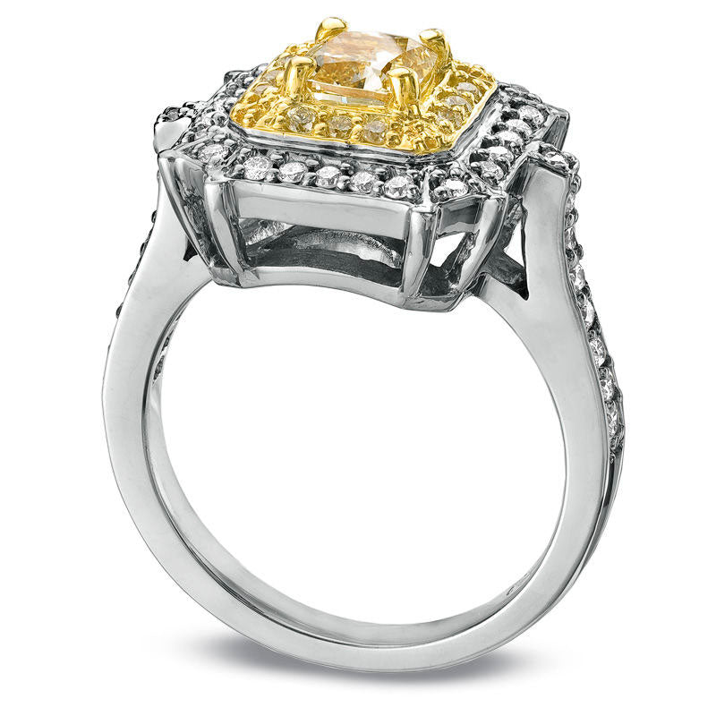 Image of ID 1 114 CT TW Radiant-Cut Fancy Yellow and White Natural Diamond Frame Engagement Ring in Solid 18K White Gold (SI2)