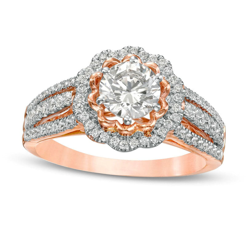 Image of ID 1 117 CT TW Natural Diamond Flower Frame Engagement Ring in Solid 10K Rose Gold