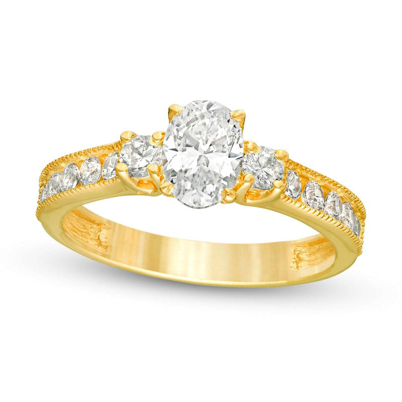 Image of ID 1 117 CT TW Oval and Round Natural Diamond Three Stone Engagement Ring in Solid 14K Gold