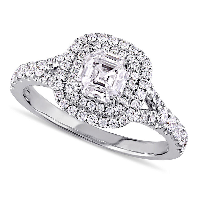 Image of ID 1 120 CT TW Asscher-Cut Natural Diamond Double Frame Engagement Ring in Solid 14K White Gold (H/SI1)