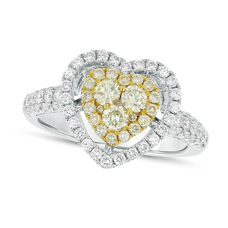 Image of ID 1 120 CT TW Composite Yellow and White Natural Diamond Double Heart-Shaped Frame Ring in Solid 18K Two-Tone Gold (SI1)
