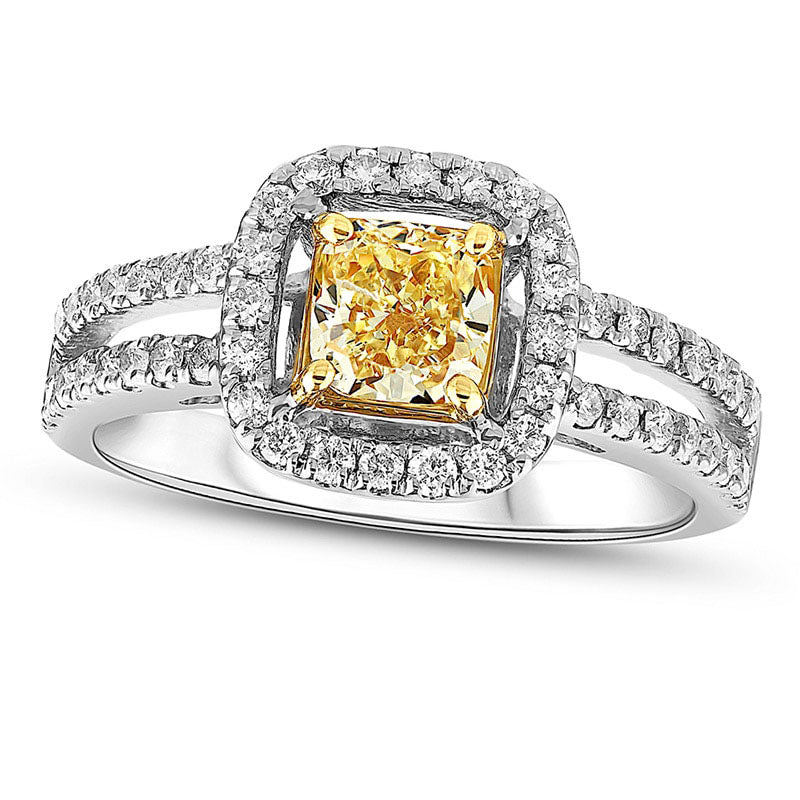 Image of ID 1 120 CT TW Cushion-Cut Fancy Yellow and White Natural Diamond Frame Engagement Ring in Solid 18K White Gold (SI2)