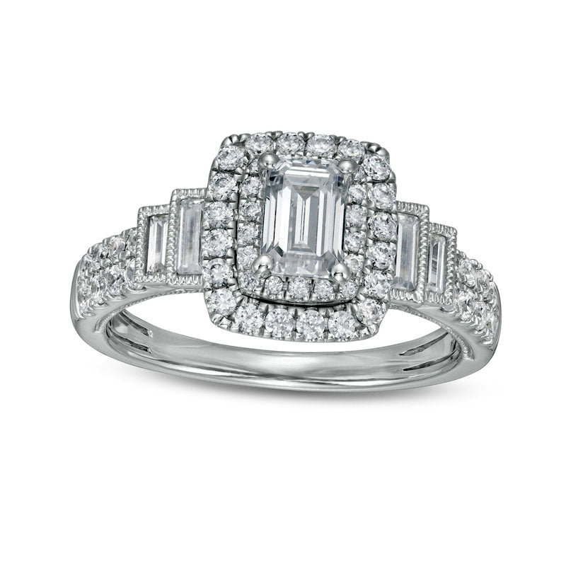 Image of ID 1 120 CT TW Emerald-Cut Natural Diamond Frame Antique Vintage-Style Tiered Shank Engagement Ring in Solid 14K White Gold (I/I1)