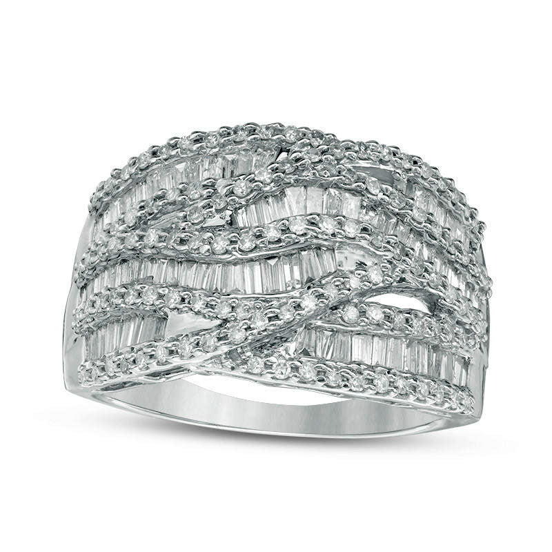 Image of ID 1 125 CT TW Baguette and Round Natural Diamond Multi-Row Crossover Ring in Solid 10K White Gold