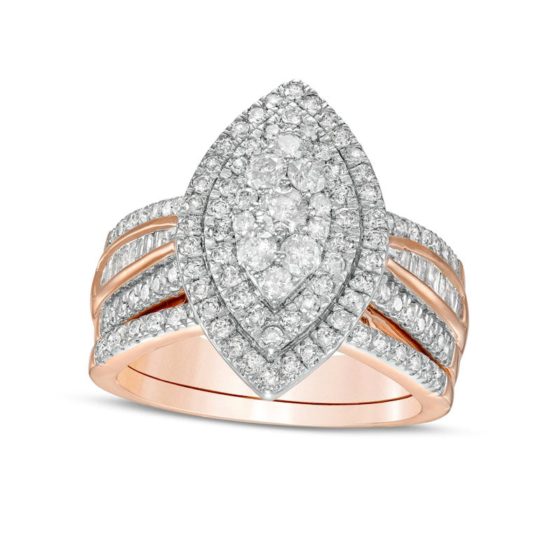 Image of ID 1 125 CT TW Composite Baguette and Round Natural Diamond Double Marquise-Shape Frame Bridal Engagement Ring Set in Solid 10K Rose Gold