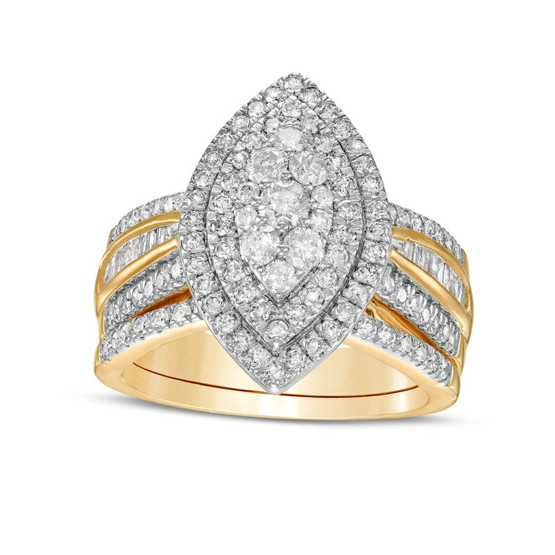 Image of ID 1 125 CT TW Composite Baguette and Round Natural Diamond Double Marquise-Shape Frame Bridal Engagement Ring Set in Solid 10K Yellow Gold