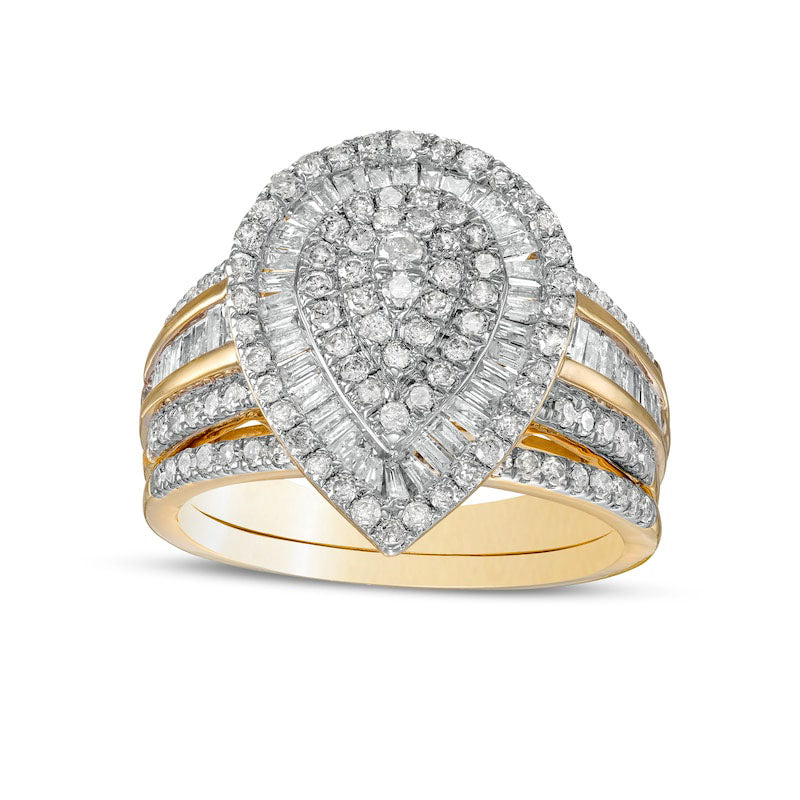 Image of ID 1 125 CT TW Composite Baguette and Round Natural Diamond Layered Pear-Shape Frame Bridal Engagement Ring Set in Solid 10K Yellow Gold