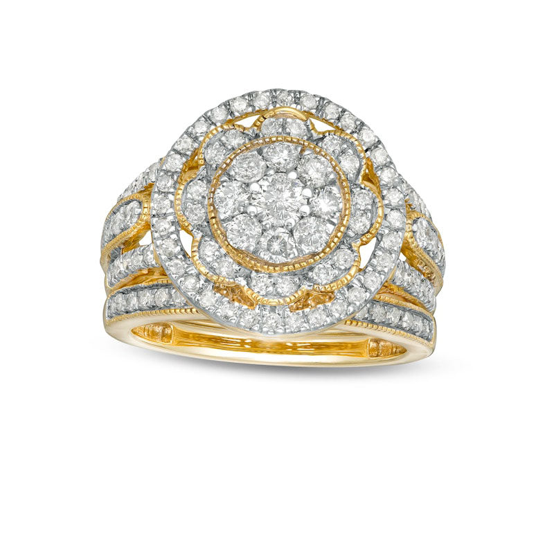 Image of ID 1 125 CT TW Composite Natural Diamond Multi-Row Antique Vintage-Style Bridal Engagement Ring Set in Solid 10K Yellow Gold