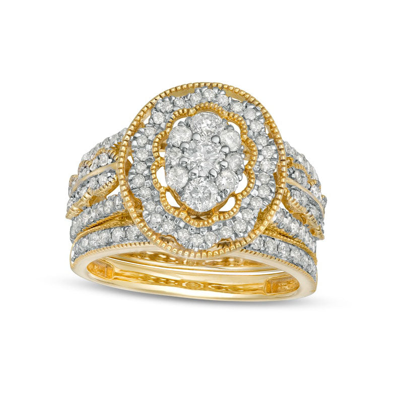 Image of ID 1 125 CT TW Composite Oval Natural Diamond Scallop Frame Antique Vintage-Style Bridal Engagement Ring Set in Solid 10K Yellow Gold