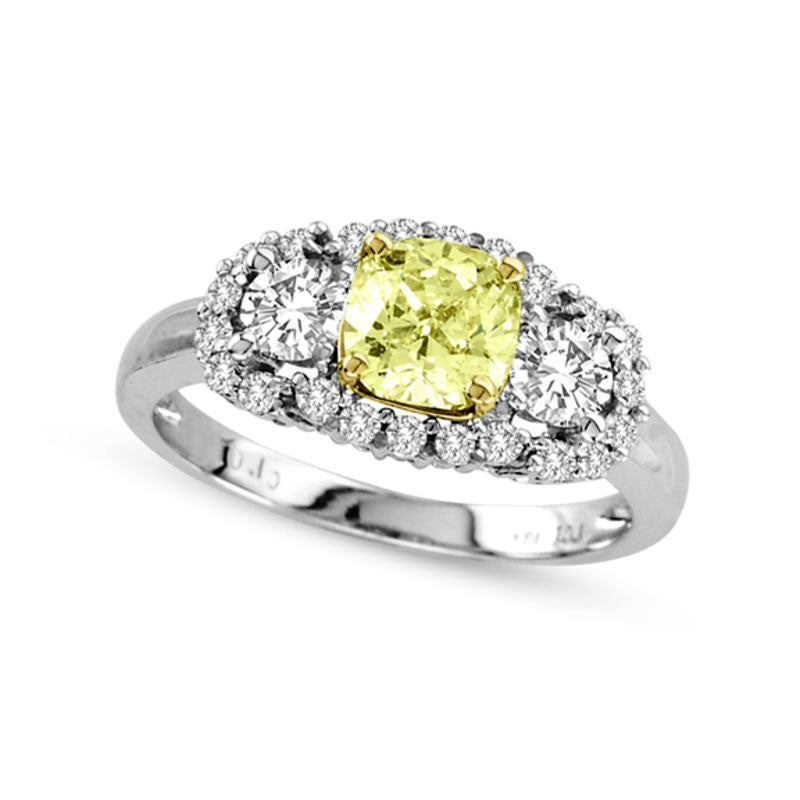 Image of ID 1 125 CT TW Fancy Yellow Radiant-Cut and White Natural Diamond Frame Ring in Solid 18K White Gold (SI1)