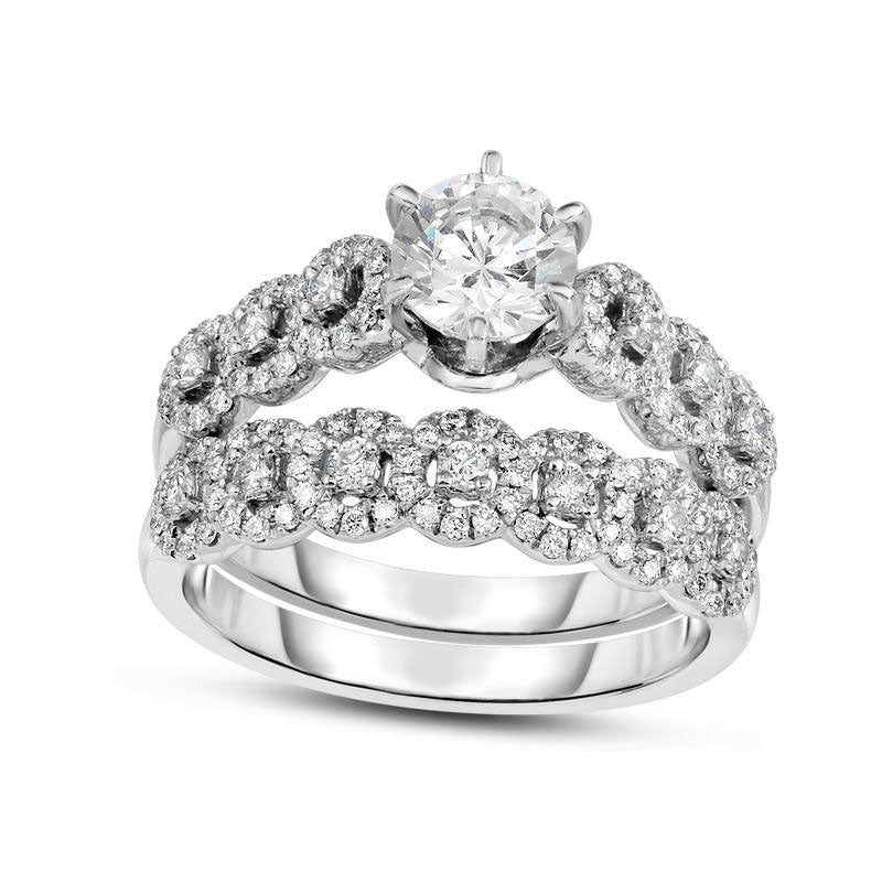 Image of ID 1 125 CT TW Natural Diamond Linked Halos Bridal Engagement Ring Set in Solid 14K White Gold