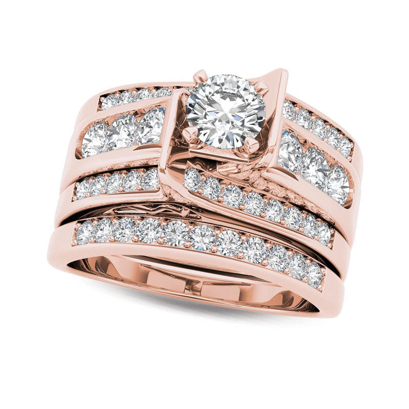 Image of ID 1 125 CT TW Natural Diamond Multi-Row Bridal Engagement Ring Set in Solid 14K Rose Gold