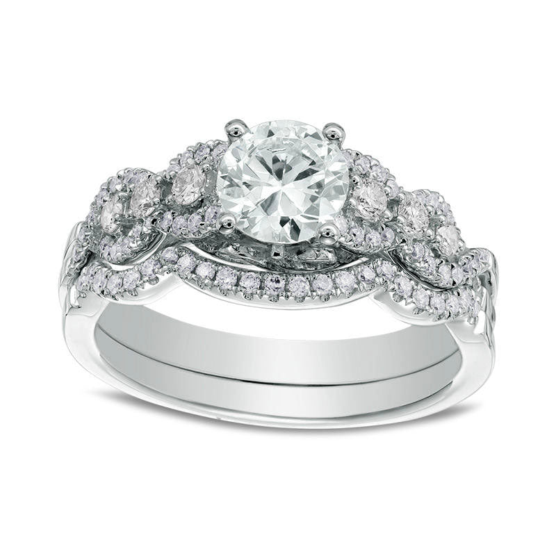 Image of ID 1 125 CT TW Natural Diamond Scallop Twist Shank Bridal Engagement Ring Set in Solid 14K White Gold
