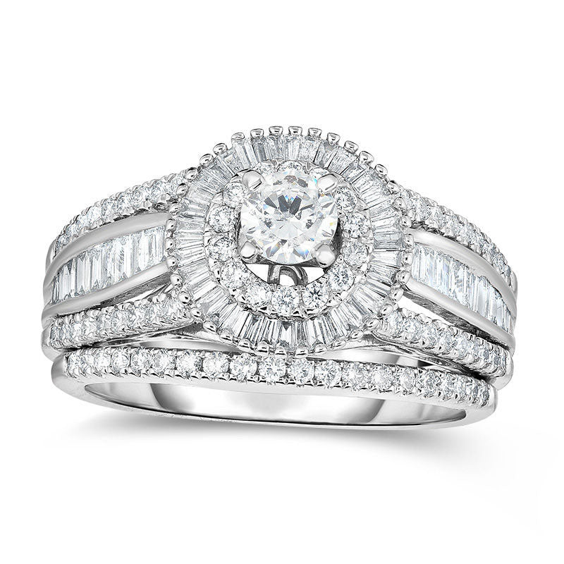 Image of ID 1 125 CT TW Natural Diamond Starburst Frame Multi-Row Bridal Engagement Ring Set in Solid 14K White Gold
