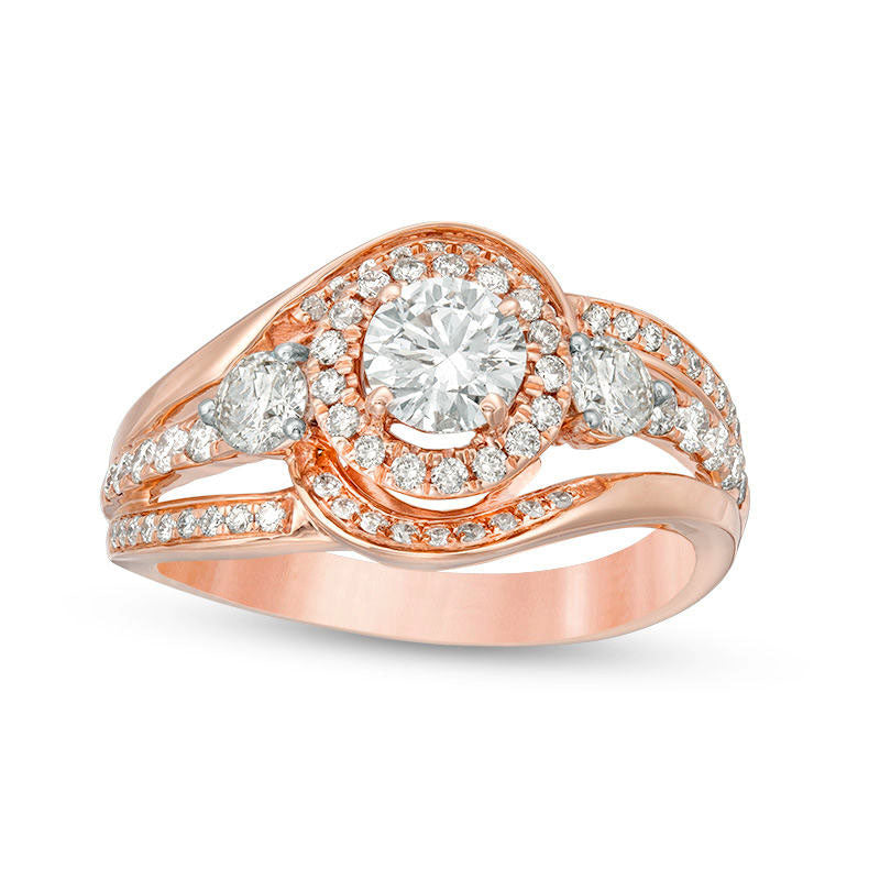 Image of ID 1 125 CT TW Natural Diamond Three Stone Frame Bypass Swirl Engagement Ring in Solid 10K Rose Gold