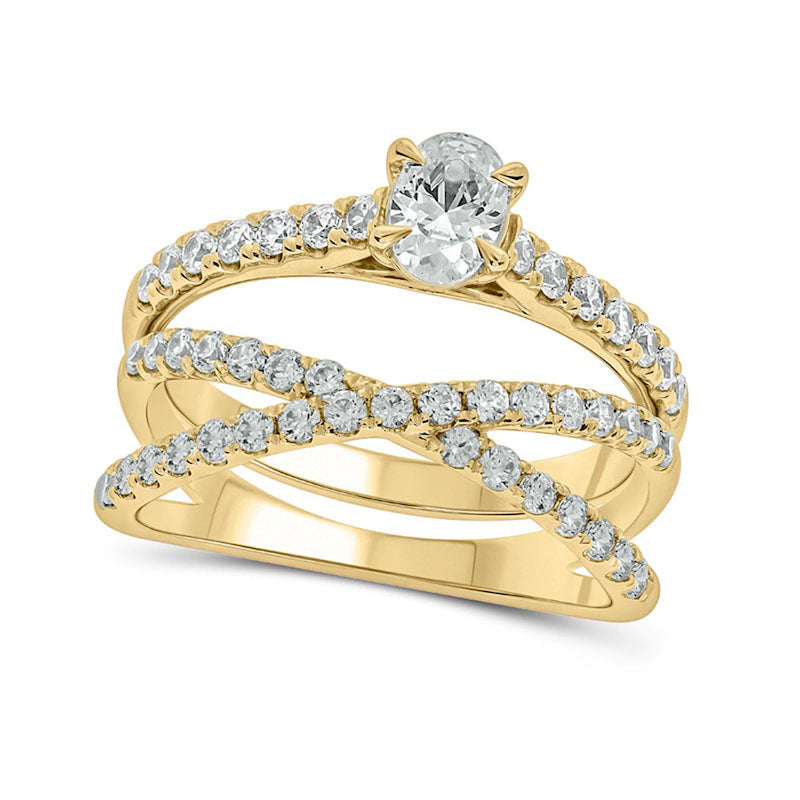 Image of ID 1 125 CT TW Oval Natural Diamond Crossover Bridal Engagement Ring Set in Solid 10K Yellow Gold