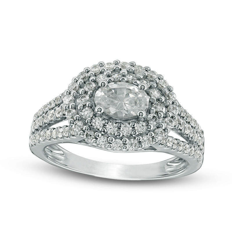 Image of ID 1 125 CT TW Oval Natural Diamond Double Frame Engagement Ring in Solid 14K White Gold