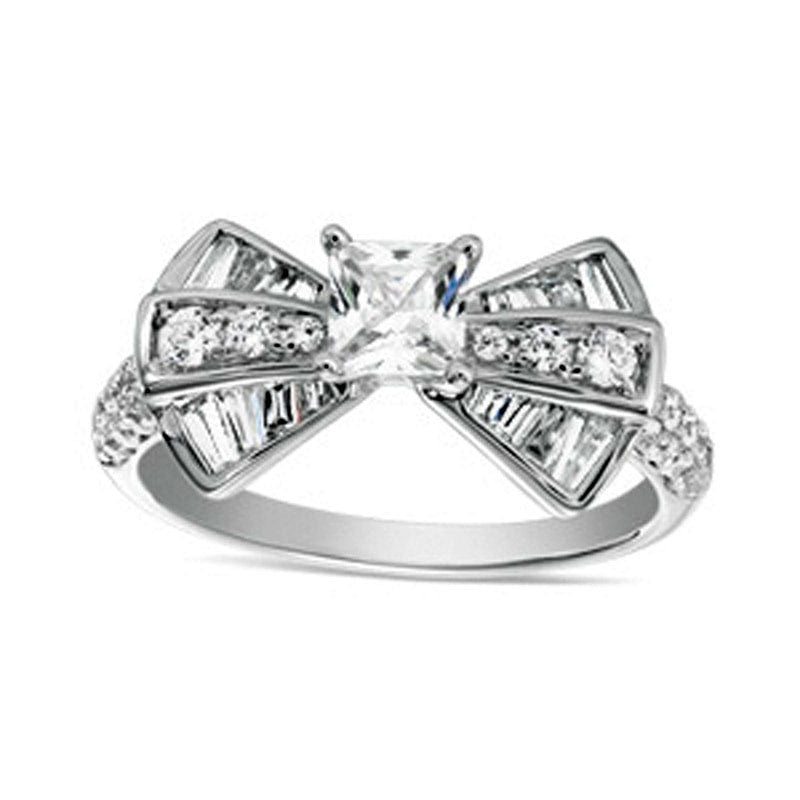 Image of ID 1 125 CT TW Princess-Cut Natural Diamond Bow Tie Engagement Ring in Solid 14K White Gold