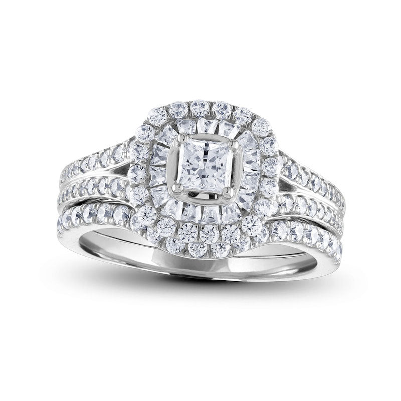Image of ID 1 125 CT TW Princess-Cut Natural Diamond Double Cushion Frame Bridal Engagement Ring Set in Solid 14K White Gold