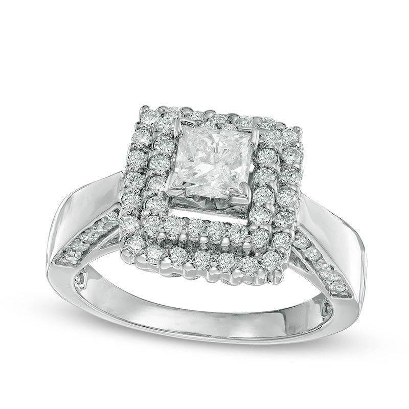 Image of ID 1 125 CT TW Princess-Cut Natural Diamond Double Frame Engagement Ring in Solid 14K White Gold