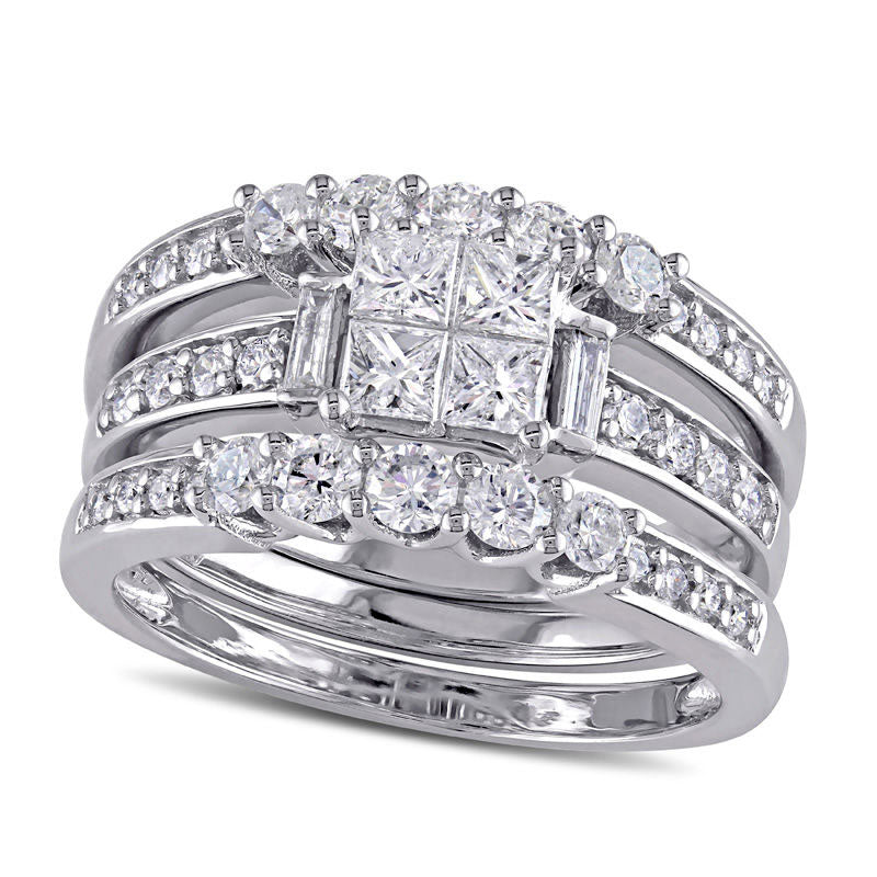 Image of ID 1 125 CT TW Quad Princess-Cut Natural Diamond Three Piece Bridal Engagement Ring Set in Solid 14K White Gold