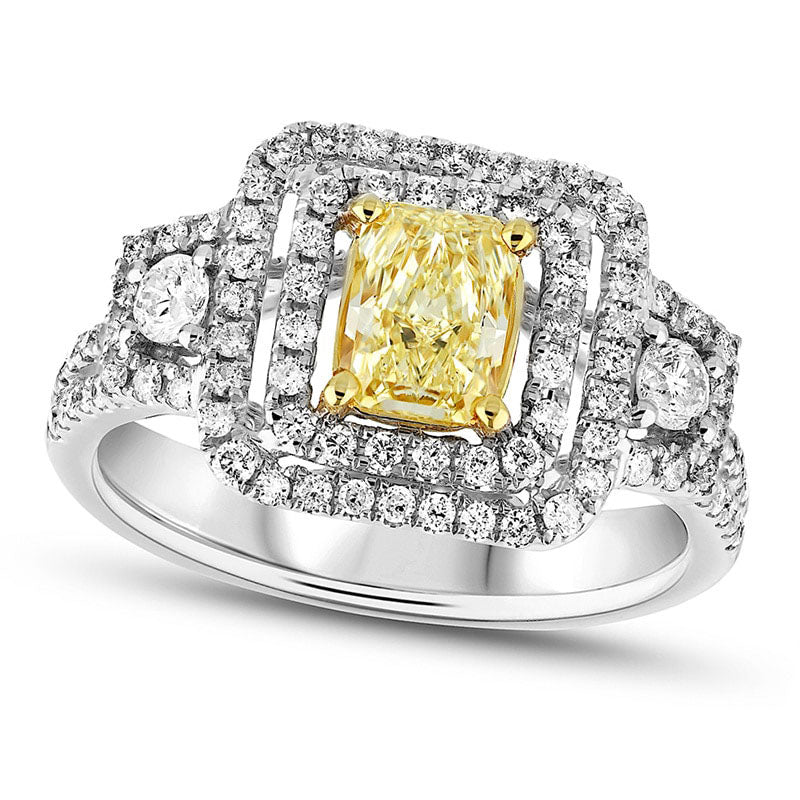 Image of ID 1 125 CT TW Radiant-Cut Fancy Yellow and White Natural Diamond Double Frame Engagement Ring in Solid 18K White Gold (SI2)