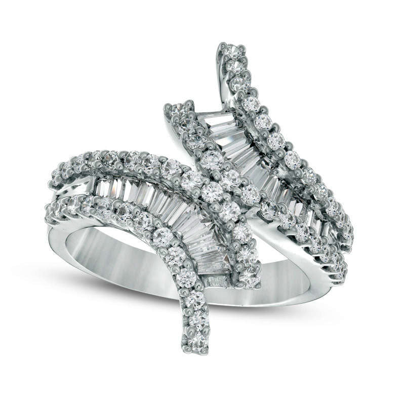 Image of ID 1 133 CT TW Baguette and Round Natural Diamond Bypass Ring in Solid 14K White Gold