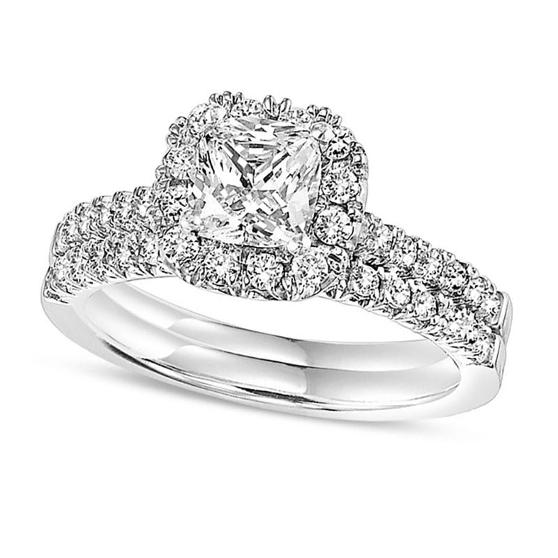 Image of ID 1 133 CT TW Cushion-Cut Natural Diamond Frame Bridal Engagement Ring Set in Solid 14K White Gold