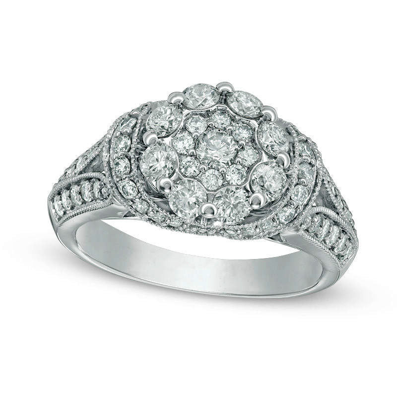 Image of ID 1 133 CT TW Natural Diamond Flower Antique Vintage-Style Engagement Ring in Solid 14K White Gold
