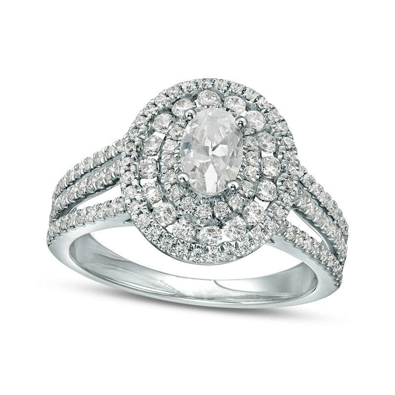 Image of ID 1 133 CT TW Oval Natural Diamond Frame Multi-Row Engagement Ring in Solid 14K White Gold