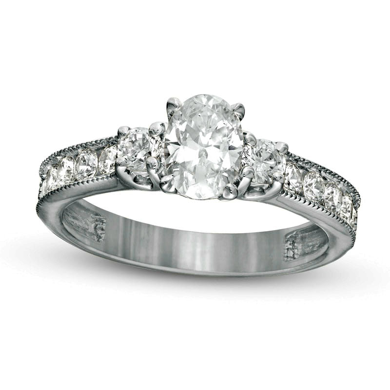Image of ID 1 133 CT TW Oval Natural Diamond Three Stone Antique Vintage-Style Engagement Ring in Solid 14K White Gold