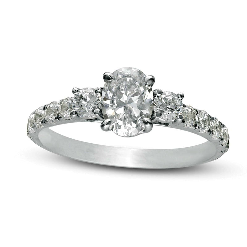 Image of ID 1 133 CT TW Oval Natural Diamond Three Stone Engagement Ring in Solid 14K White Gold