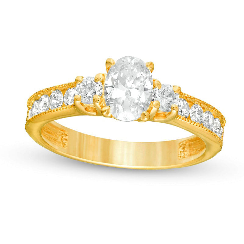 Image of ID 1 133 CT TW Oval and Round Natural Diamond Three Stone Engagement Ring in Solid 14K Gold
