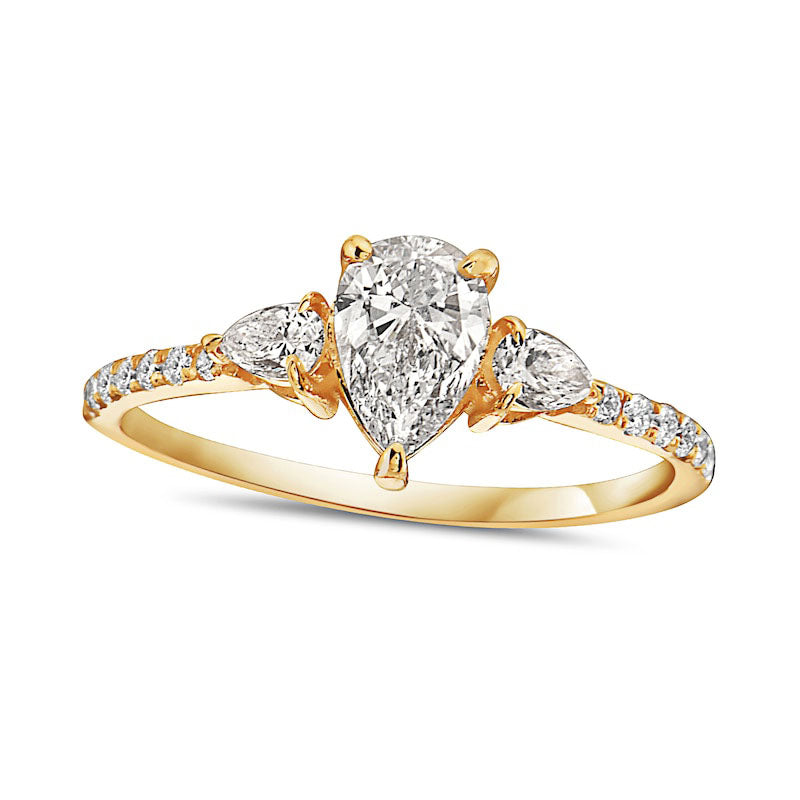 Image of ID 1 133 CT TW Pear-Shaped Natural Diamond Three Stone Engagement Ring in Solid 14K Gold