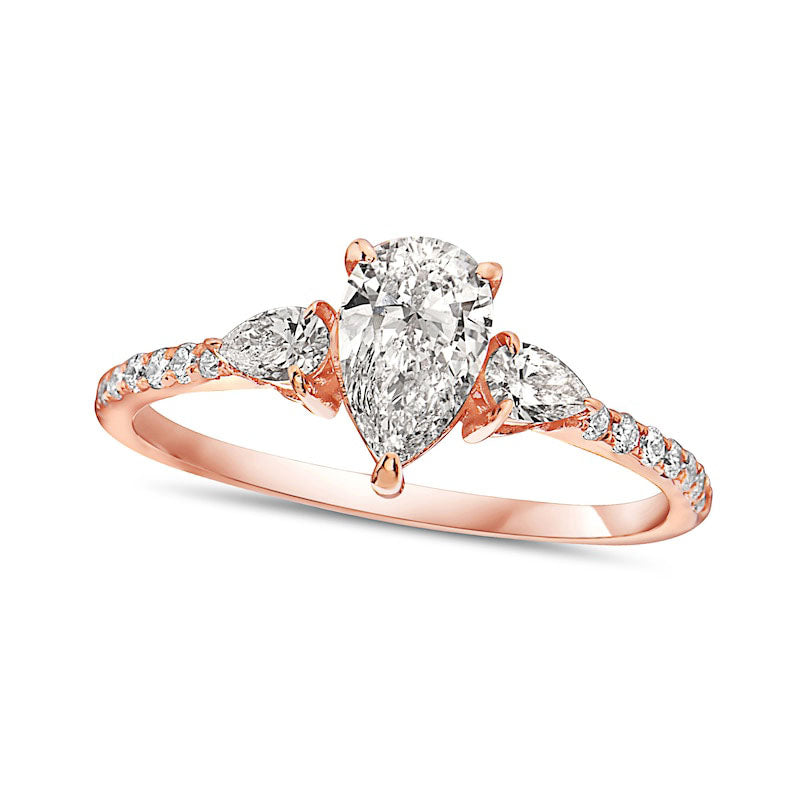 Image of ID 1 133 CT TW Pear-Shaped Natural Diamond Three Stone Engagement Ring in Solid 14K Rose Gold