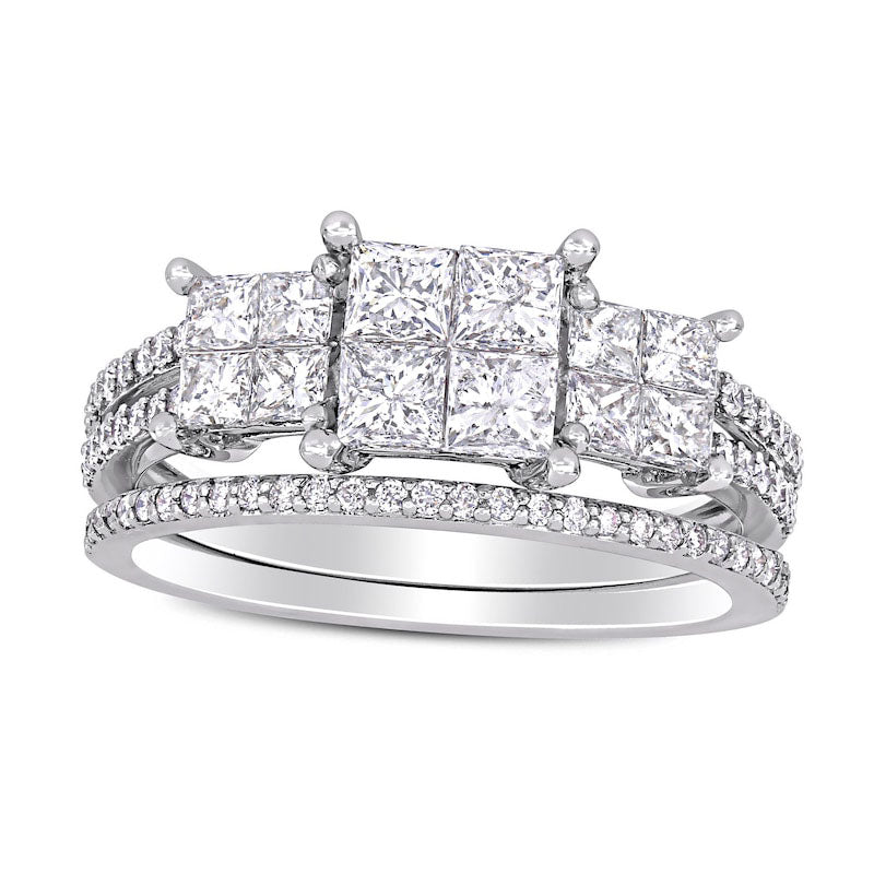 Image of ID 1 133 CT TW Princess-Cut Quad Natural Diamond Three Stone Double Row Bridal Engagement Ring Set in Solid 14K White Gold