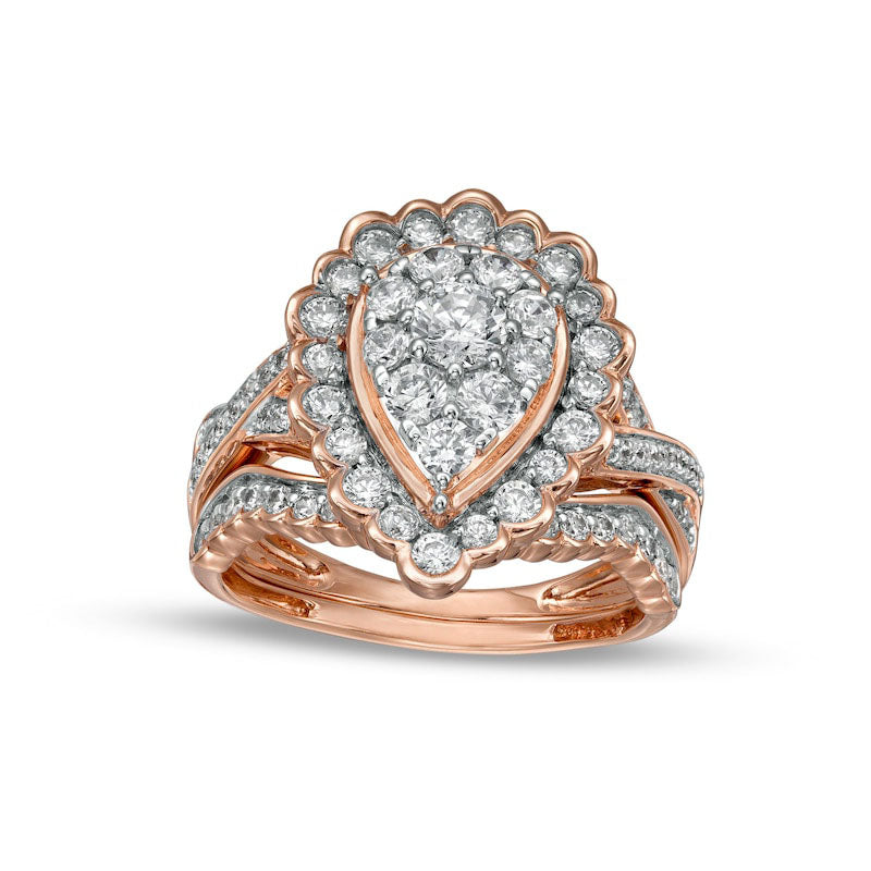 Image of ID 1 138 CT TW Composite Pear-Shaped Natural Diamond Frame Scallop Edge Bridal Engagement Ring Set in Solid 10K Rose Gold